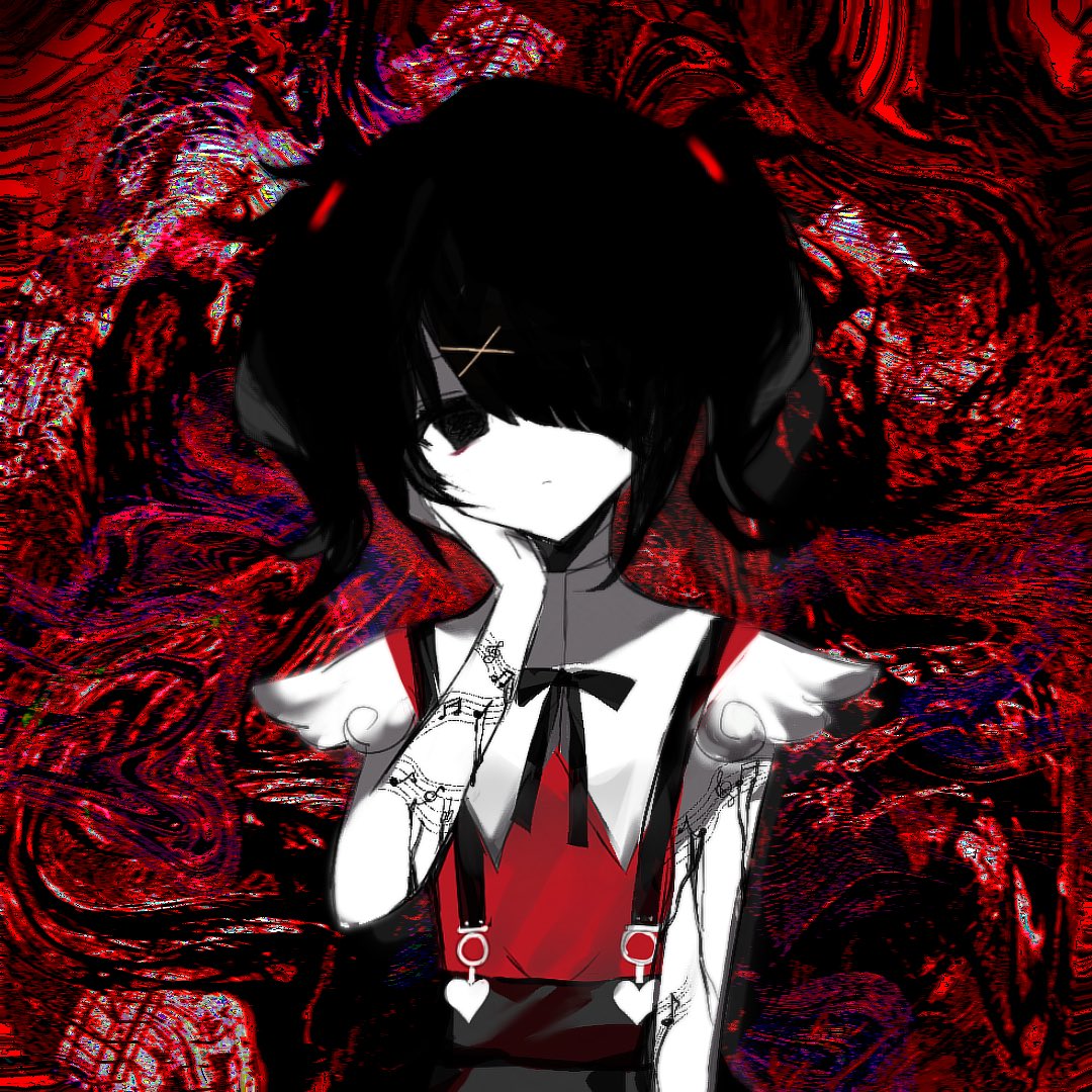 1girl ame-chan_(needy_girl_overdose) black_hair black_ribbon black_skirt blank_eyes bleeding blood collared_shirt colored_skin distortion expressionless hair_ornament hair_over_one_eye hand_on_own_cheek hand_on_own_face hand_up long_hair looking_at_viewer musical_note neck_ribbon needy_girl_overdose nyo_(nyawan054) red_background red_shirt ribbon self-harm shirt skirt solo staff_(music) suspender_skirt suspenders twintails upper_body white_skin wrist_cutting x_hair_ornament