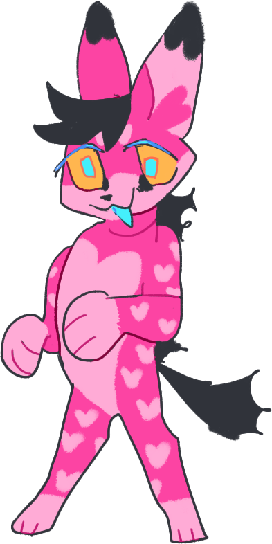 ambiguous_gender anthro emilz_(guncht) felid feline fur guncht hybrid hyena mammal open_mouth open_smile pink_body pink_fur serval smile solo