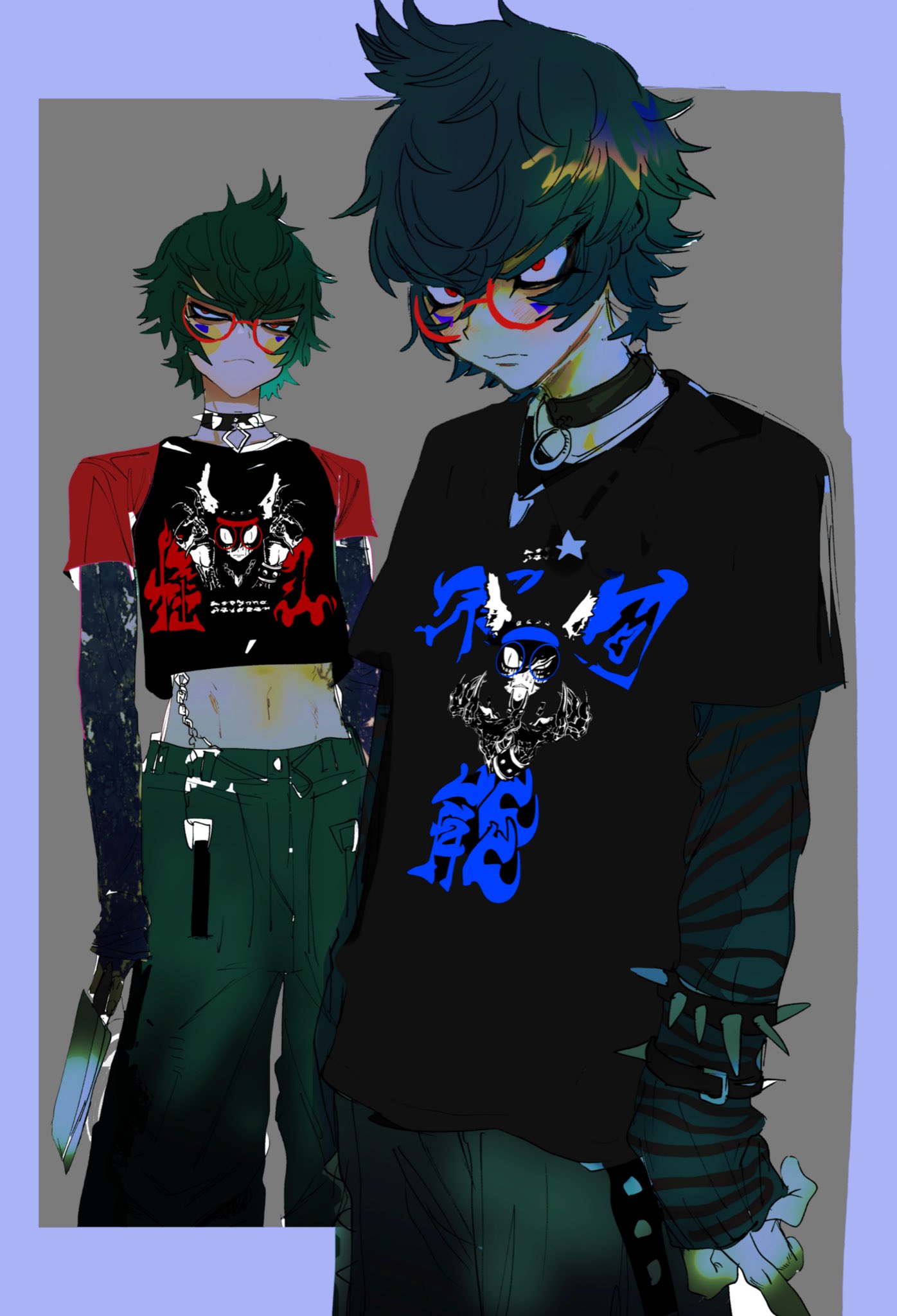 1boy alternate_costume black_choker black_shirt bracelet character_print choker closed_mouth cropped_shirt facial_mark glasses green_hair green_pants grey_background highres jewelry layered_sleeves long_sleeves looking_at_viewer male_focus master_detective_archives:_rain_code midriff multiple_views mystery_phantom na_6 o-ring o-ring_choker pants red-framed_eyewear red_eyes round_eyewear shirt short_hair short_over_long_sleeves short_sleeves standing zilch_alexander