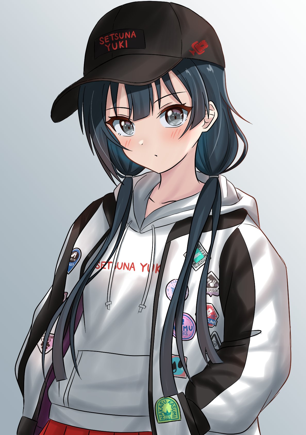 1girl alternate_hairstyle black_hair black_hat blush character_name collarbone commentary_request grey_eyes hands_in_pockets highres hood hood_down hoodie jacket katanashi_(ktnsh_popu) long_hair long_sleeves looking_at_viewer love_live! love_live!_nijigasaki_high_school_idol_club open_clothes open_jacket pleated_skirt red_skirt sidelocks skirt solo twintails upper_body white_hoodie white_jacket yuki_setsuna_(love_live!)