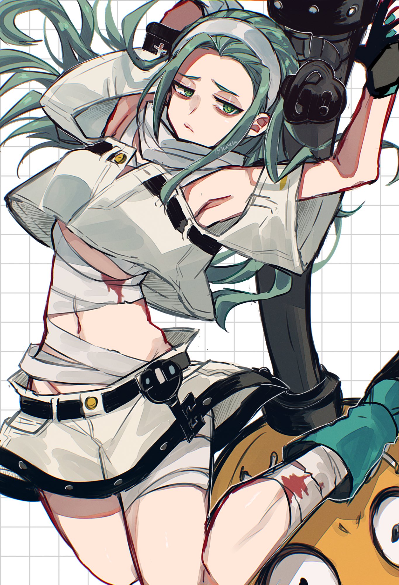 a.b.a bags_under_eyes bandaged_chest bandages blood blood_on_bandages green_eyes green_hair guilty_gear guilty_gear_strive headband highres key key_in_head navel object_through_head paracelsus_(guilty_gear) stitched_mouth stitches yuyuhi_gm