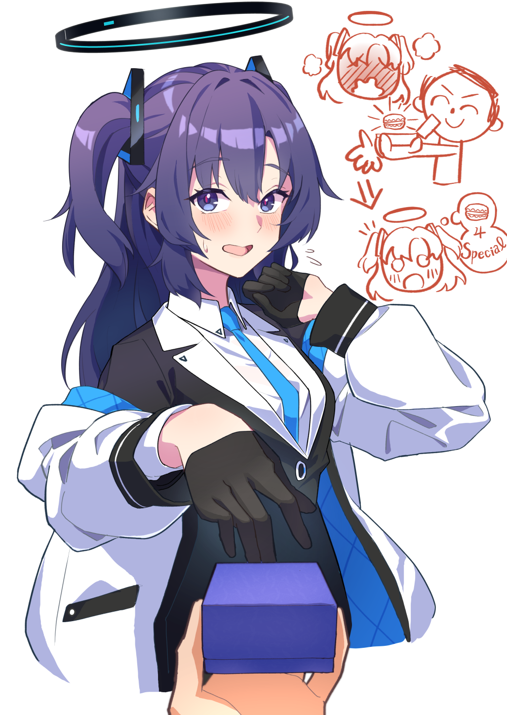 1boy 1girl black_gloves blue_archive blue_necktie blush breasts collared_shirt doodle_sensei_(blue_archive) gloves hair_between_eyes halo highres jacket long_hair long_sleeves looking_at_viewer mechanical_halo medium_breasts necktie open_clothes open_jacket open_mouth purple_eyes purple_hair sensei_(blue_archive) shirt simple_background suit two-sided_fabric two-sided_jacket two_side_up white_background white_jacket white_shirt yuuka_(blue_archive) zilaishui