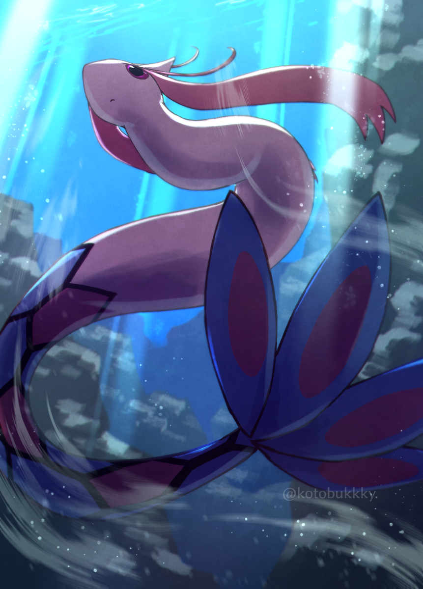 animal_focus closed_mouth commentary_request from_below highres kotobukkii_(yt_lvlv) light_rays milotic no_humans pokemon pokemon_(creature) purple_eyes solo twitter_username underwater watermark