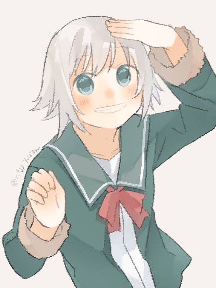 1girl bow bowtie commentary_request fur-trimmed_sleeves fur_trim green_eyes green_jacket green_sailor_collar grey_hair grin jacket kantai_collection one-hour_drawing_challenge red_bow red_bowtie sailor_collar school_uniform serafuku shading_eyes shimushu_(kancolle) simple_background smile solo suppaman_(rfjy) upper_body white_background