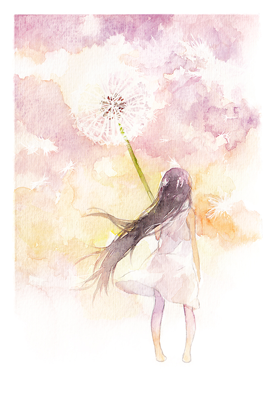 1girl bare_arms bare_legs barefoot black_hair dandelion dress facing_away flower from_behind full_body holding long_hair mini_person minigirl moekon original painting_(medium) sky sleeveless sleeveless_dress solo standing traditional_media very_long_hair watercolor_(medium) white_dress wind