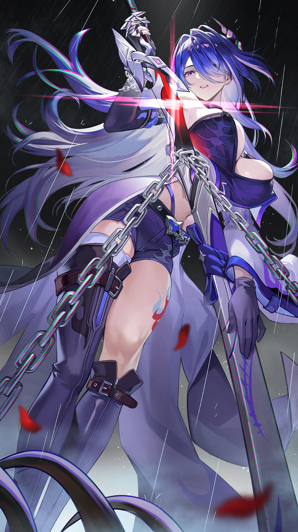 1girl acheron_(honkai:_star_rail) bare_shoulders black_background black_footwear boots breasts chain coat commentary_request feet_out_of_frame highres holding holding_sword holding_weapon honkai:_star_rail honkai_(series) large_breasts leg_tattoo long_hair looking_at_viewer midriff navel parted_lips purple_eyes purple_hair purple_shorts short_shorts shorts solo standing sword tattoo thigh_boots thighs very_long_hair weapon yin_lan_xue