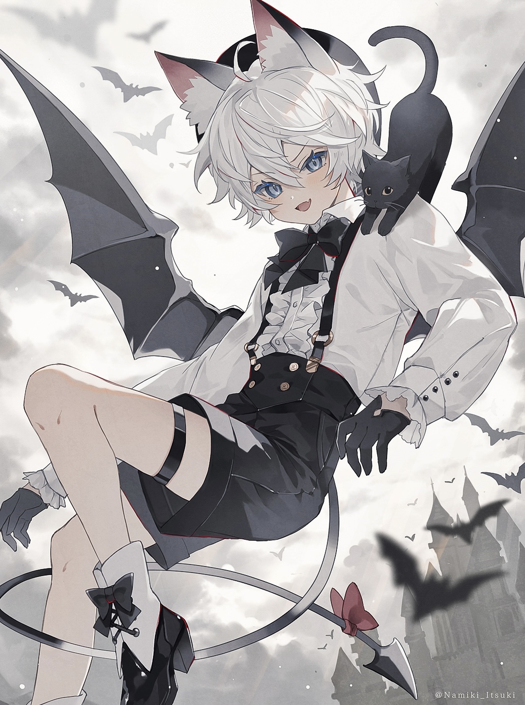 1boy animal_ear_fluff animal_ears animal_on_shoulder bat_(animal) beret black_bow black_bowtie black_cat black_gloves black_hat black_shorts blue_eyes blurry blurry_foreground boots bow bowtie castle cat center_frills cloud cloudy_sky commentary_request demon demon_tail demon_wings foot_out_of_frame frills gloves grey_sky hat highres knee_up long_sleeves looking_at_viewer male_focus namiki_itsuki open_mouth original shirt short_hair shorts sky smile solo suspenders tail tail_bow tail_ornament twitter_username white_hair white_shirt wings