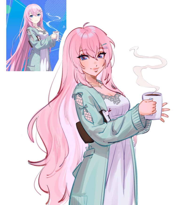 1girl ahoge blue_eyes blue_robe book breasts closed_mouth coffee cup derivative_work dress english_commentary hair_between_eyes hair_ornament hairpin holding holding_cup lips long_hair long_sleeves looking_at_viewer medium_breasts megurine_luka miffuloid open_clothes open_robe pink_hair pocket project_sekai puffy_long_sleeves puffy_sleeves robe screencap_redraw simple_background smile solo standing steam vocaloid white_background white_dress