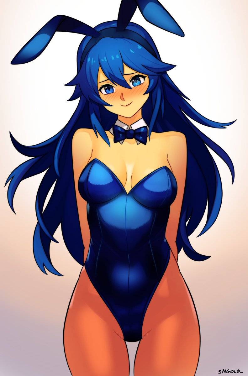 1girl animal_ears arms_behind_back artist_name bare_shoulders blue_bow blue_eyes blue_hair blue_leotard blush bow bow_choker brand_of_the_exalt breasts cleavage closed_mouth cowboy_shot fake_animal_ears fire_emblem fire_emblem_awakening hair_between_eyes highres leotard long_hair looking_at_viewer lucina_(fire_emblem) pantyhose playboy_bunny rabbit_ears smgold smile solo strapless strapless_leotard symbol_in_eye