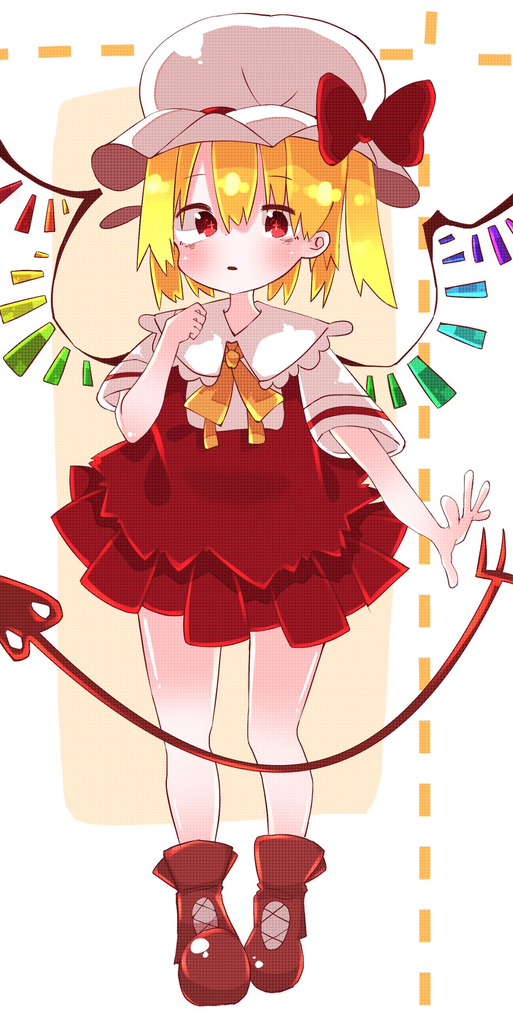 1girl adapted_costume blonde_hair commentary flandre_scarlet full_body hair_between_eyes hat hat_ribbon highres laevatein_(touhou) looking_at_viewer medium_hair mob_cap multicolored_wings nacht_musik one_side_up open_mouth pleated_skirt red_eyes red_footwear red_ribbon red_skirt ribbon ribbon-trimmed_headwear ribbon_trim shirt short_sleeves simple_background skirt solo touhou white_background white_hat white_shirt wings