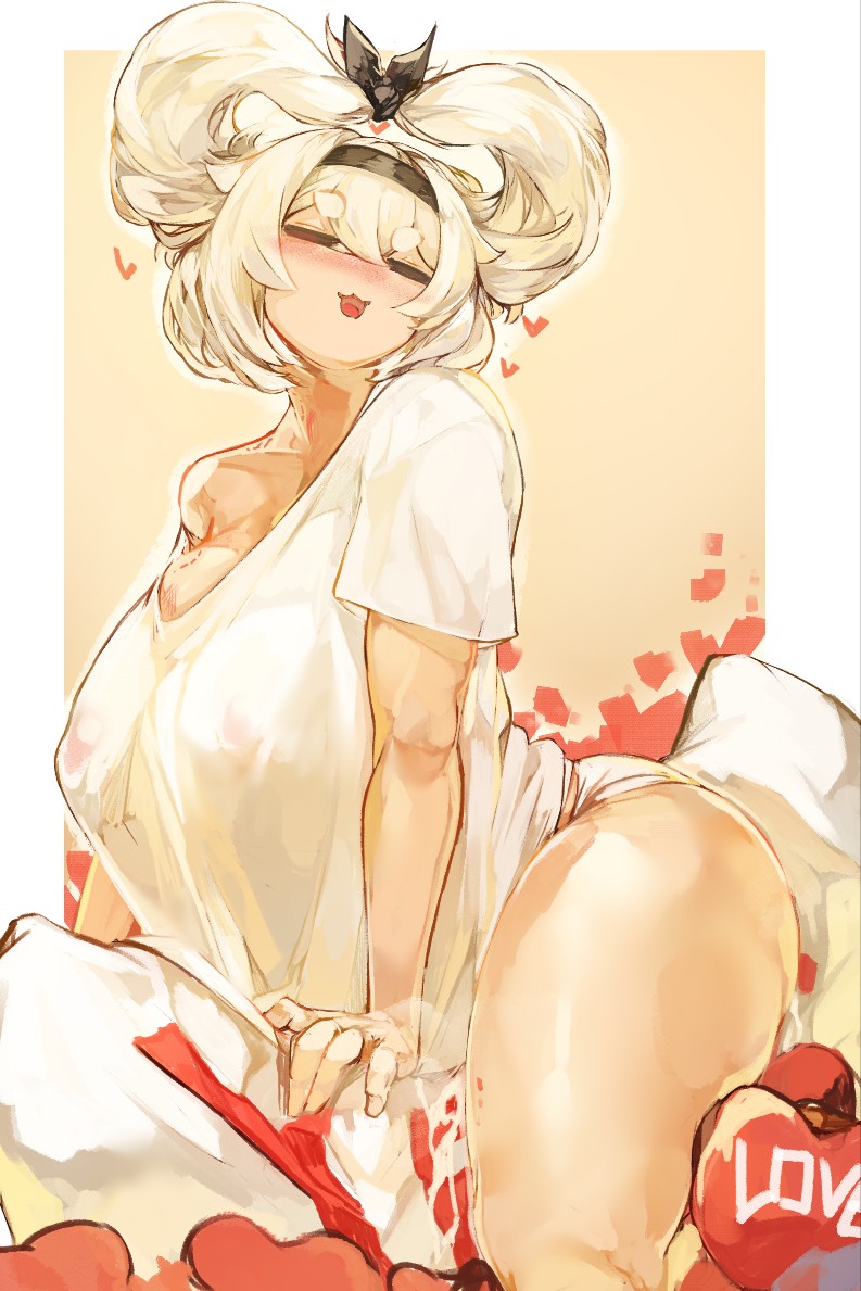 1girl :3 alvis_(last_origin) arm_support black_hairband blonde_hair blush border breasts closed_eyes covered_nipples facing_viewer feet_out_of_frame hair_between_eyes hairband heart large_breasts larribee last_origin light_brown_background long_hair no_pants off_shoulder open_mouth outside_border shirt short_sleeves solo straddling t-shirt thick_eyebrows thick_thighs thighs two_side_up updo white_border white_shirt