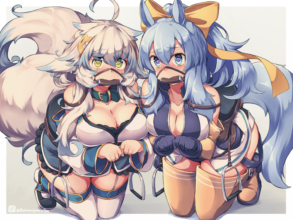2girls animal_ear_fluff animal_ears bit_gag blue_eyes blue_gloves blue_hair bow breasts cleavage commentary_request gag gloves gradient_background green_eyes grey_background hair_bow kneeling kuromiya large_breasts long_hair multicolored_hair multiple_girls original shiromiya_asuka souma_ren tail thighhighs two-tone_hair white_hair white_thighhighs yellow_bow yellow_thighhighs