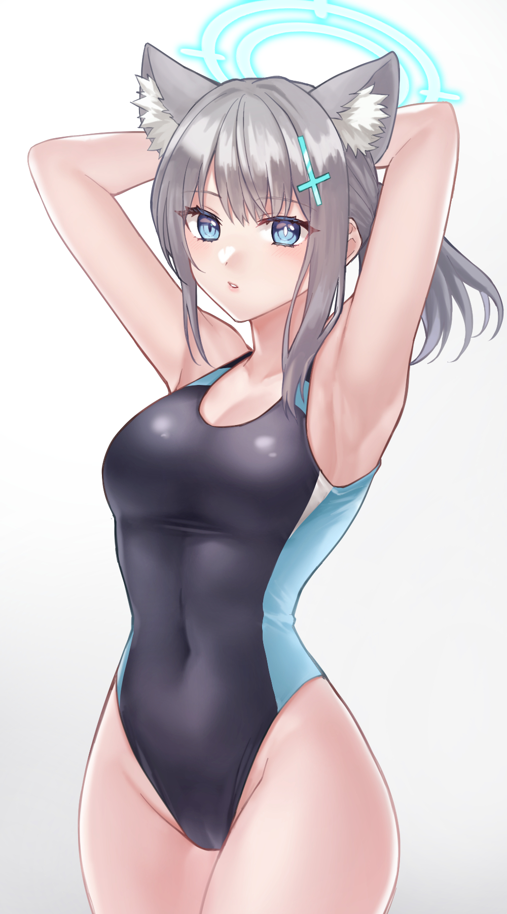 1girl animal_ear_fluff animal_ears arms_behind_head black_one-piece_swimsuit blue_archive blue_eyes breasts cameltoe competition_swimsuit covered_navel cowboy_shot cross_hair_ornament extra_ears gradient_background grey_hair hair_ornament halo hazuki_(nyorosuke) highres looking_at_viewer low_ponytail medium_breasts medium_hair mismatched_pupils multicolored_clothes multicolored_swimsuit official_alternate_costume one-piece_swimsuit shiroko_(blue_archive) shiroko_(swimsuit)_(blue_archive) solo swimsuit white_background wolf_ears