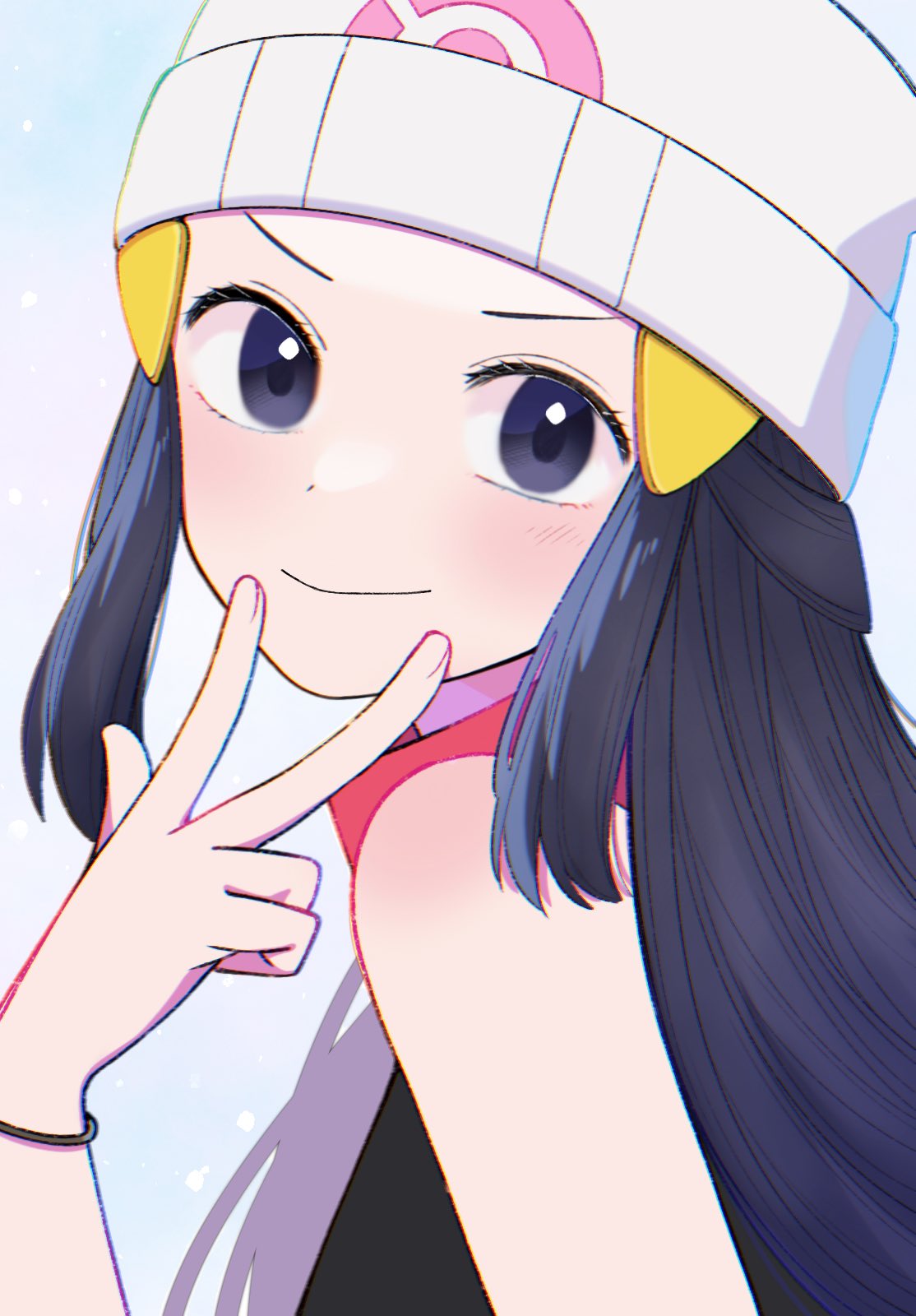 1girl beanie black_hair black_shirt blush bracelet closed_mouth commentary_request dawn_(pokemon) eyelashes from_side grey_eyes hair_ornament hairclip hand_up hat highres jewelry kana_(kanna_runa0620) long_hair looking_at_viewer looking_to_the_side pink_scarf pokemon pokemon_dppt scarf shirt sidelocks sleeveless sleeveless_shirt smile solo upper_body w white_hat