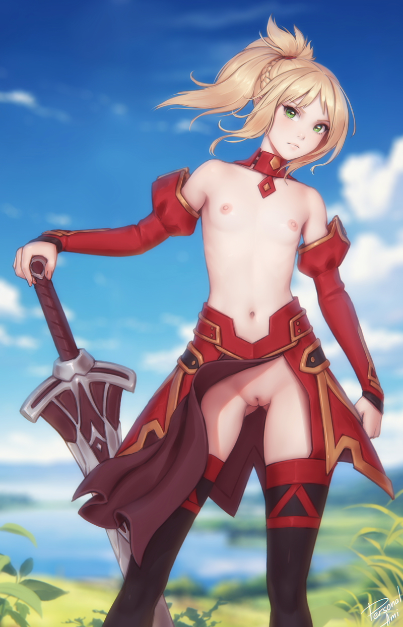 1girl ass_visible_through_thighs bare_shoulders black_thighhighs blurry blurry_background braid clarent_(fate) clothing_aside cloud detached_collar detached_sleeves fate/apocrypha fate/grand_order fate_(series) green_eyes hair_ornament hair_scrunchie highres mordred_(fate) navel nipples outdoors pelvic_curtain pelvic_curtain_aside personal_ami planted planted_sword ponytail pussy scrunchie skindentation sky solo sword thighhighs uncensored weapon wind