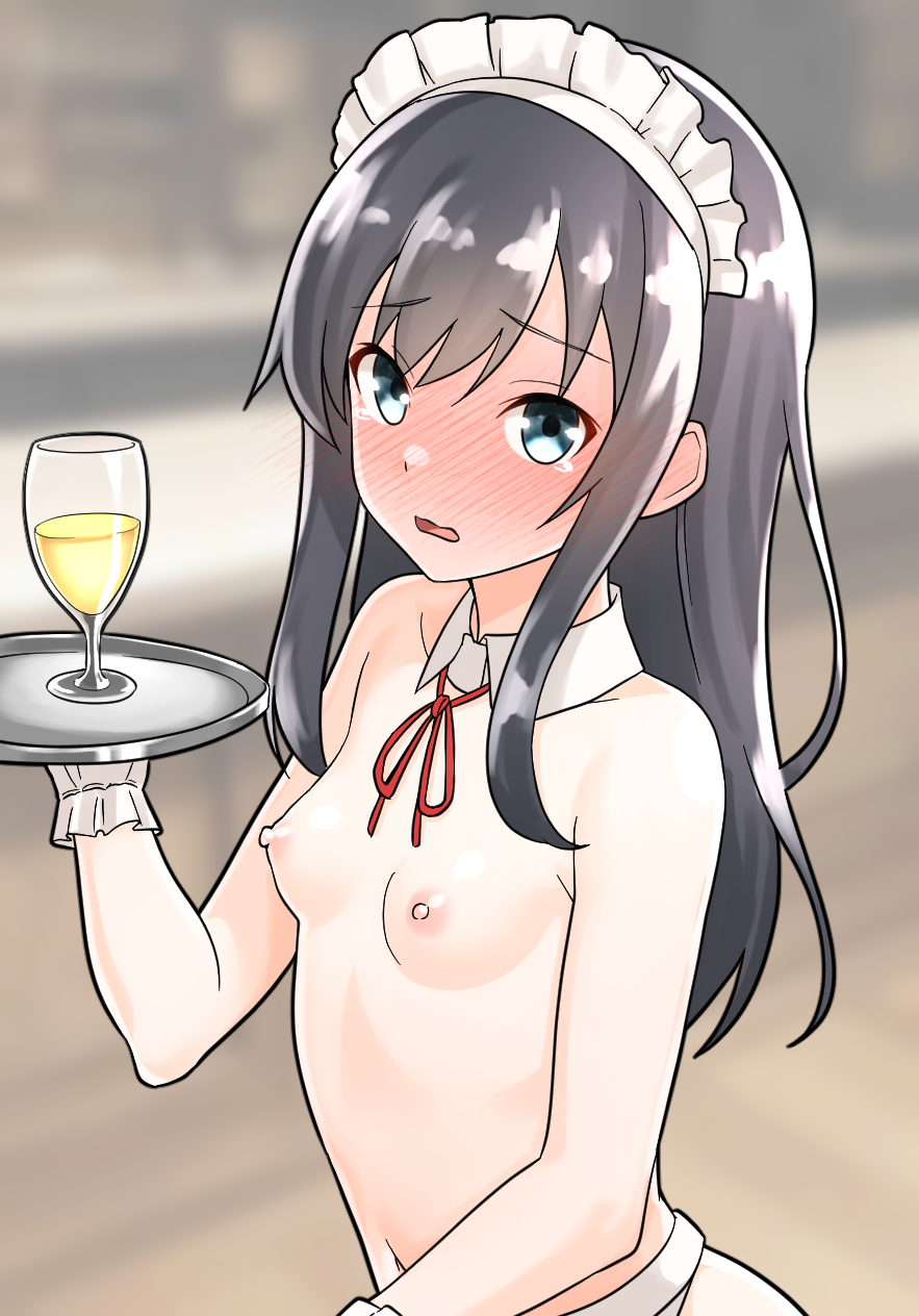 1girl alternate_costume apron asashio_(kancolle) black_hair blue_eyes blurry blurry_background breasts cup detached_collar drinking_glass enmaided furaggu_(frag_0416) gloves highres holding holding_tray kantai_collection long_hair maid maid_apron maid_headdress naked_apron navel neck_ribbon nipples red_ribbon ribbon small_breasts solo tray waist_apron white_apron white_gloves