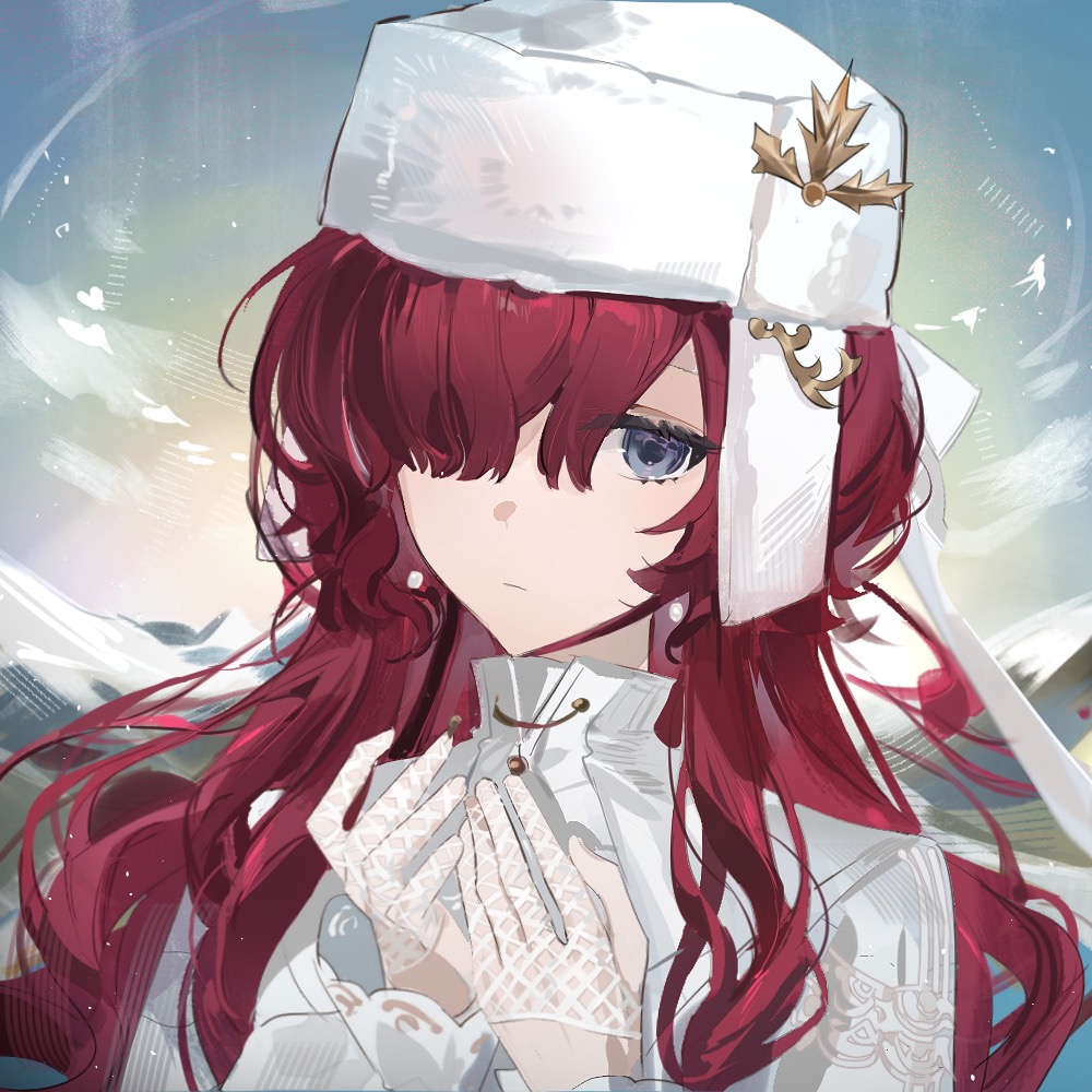 1girl blue_eyes blue_sky closed_mouth cloud ershuihe expressionless fishnet_gloves fishnets fur_hat gloves hair_over_one_eye hand_up hat long_hair looking_at_viewer mountain one_eye_covered outdoors red_hair reverse:1999 shirt sky solo ushanka white_gloves white_hat white_shirt yenisei_(reverse:1999)