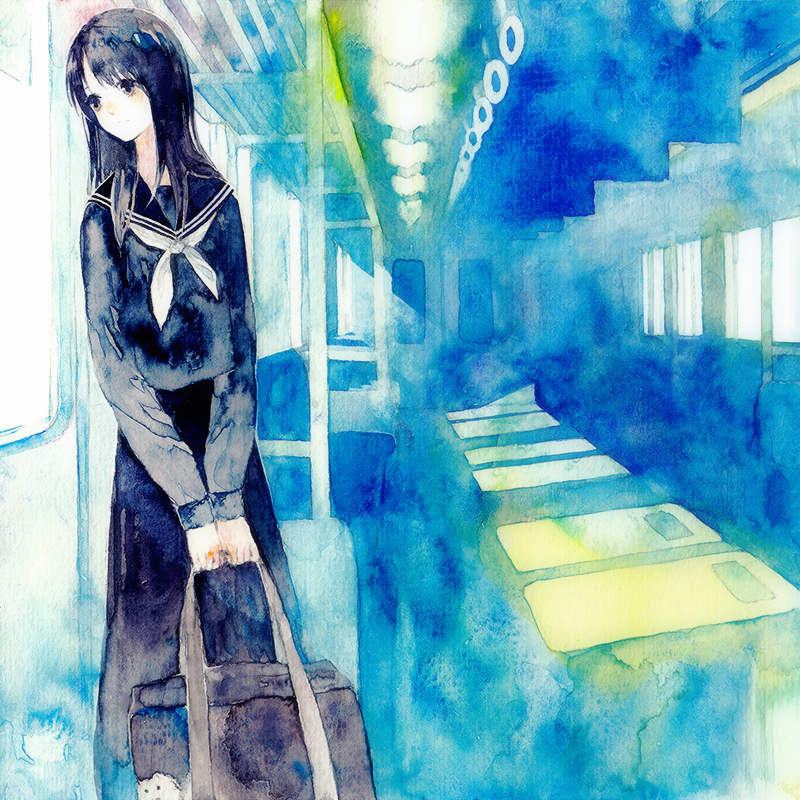 1girl bag black_bag black_eyes black_hair black_sailor_collar black_serafuku black_shirt holding holding_bag long_hair long_sleeves moekon neckerchief original painting_(medium) sailor_collar school_bag school_uniform serafuku shirt skirt solo stairs traditional_media train_interior watercolor_(medium) white_neckerchief