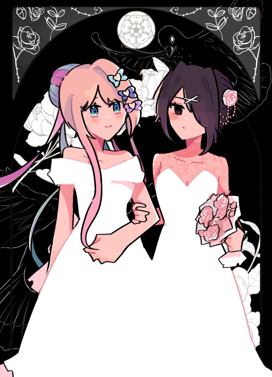 2girls alternate_costume alternate_hairstyle ame-chan_(needy_girl_overdose) bare_shoulders black_background black_eyes black_hair blonde_hair blue_eyes blue_hair bouquet bow chouzetsusaikawa_tenshi-chan closed_mouth commentary cowboy_shot dress flower hair_bow hair_bun hair_ornament hair_over_one_eye hand_on_another's_arm highres holding holding_bouquet long_hair looking_at_viewer meia_(marisshix) multicolored_hair multiple_girls needy_girl_overdose pink_hair rose selfcest short_hair smile standing strapless strapless_dress symbol-only_commentary wedding wedding_dress white_dress x_hair_ornament yuri