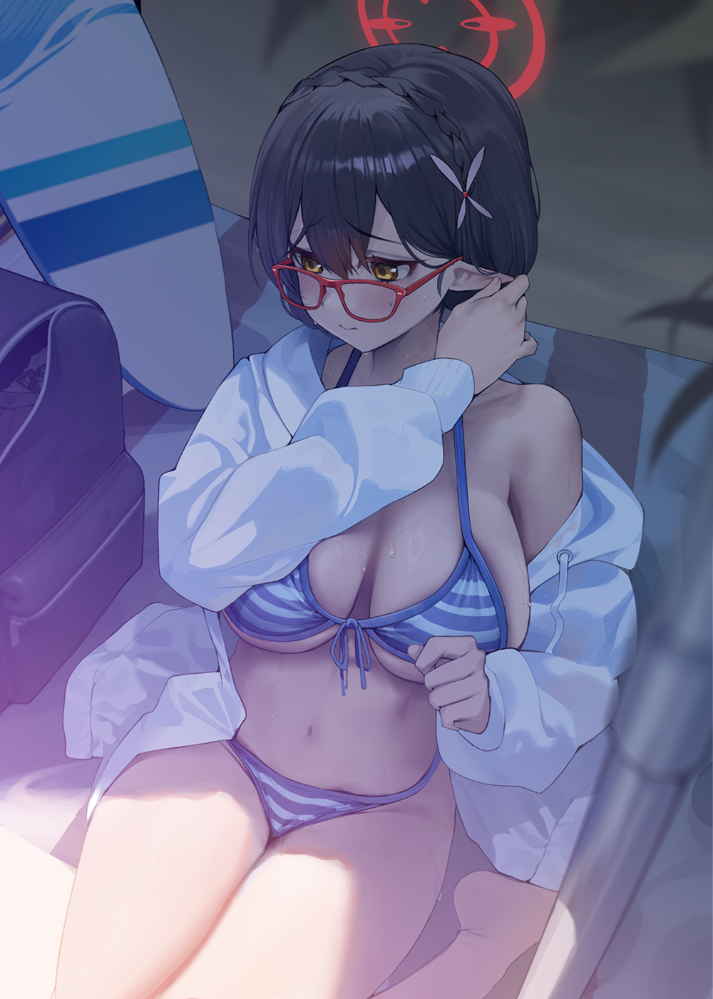 1girl ayane_(blue_archive) ayane_(swimsuit)_(blue_archive) bare_legs barefoot bikini black_hair blue_archive blush breasts closed_mouth glasses halo highres jacket large_breasts long_sleeves navel official_alternate_costume open_clothes open_jacket pointy_ears red-framed_eyewear red_halo short_hair solo striped_bikini striped_clothes swimsuit white_jacket xiujia_yihuizi yellow_eyes