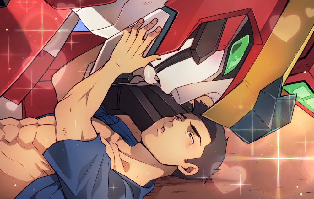 2boys abs ao_isami black_hair blue_shirt blush bravern colored_sclera green_sclera hand_on_another's_face heart imminent_kiss looking_at_another lying male_focus mecha multiple_boys on_back open_mouth outdoors puckered_lips robot shirt short_sleeves sparkle super_robot tometo_pot upper_body v-fin yaoi yuuki_bakuhatsu_bang_bravern