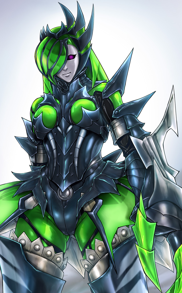 1girl armor armored_bodysuit astalos_(armor) bodysuit claws commentary_request commission full_armor green_bodysuit green_hair hair_over_one_eye highres looking_at_viewer mask monster_hunter_(character) monster_hunter_(series) purple_eyes ribimura simple_background skeb_commission solo standing