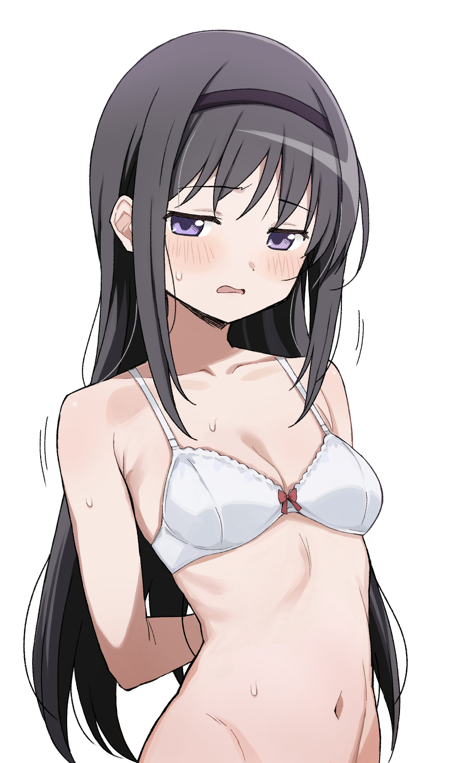 1girl akemi_homura armpit_crease arms_behind_back bare_shoulders black_hair black_hairband blue_eyes blush bra breasts cleavage commentary_request embarrassed hairband highres kinoshico long_hair looking_at_viewer mahou_shoujo_madoka_magica mahou_shoujo_madoka_magica_(anime) navel open_mouth simple_background small_breasts solo stomach sweat underwear white_background white_bra