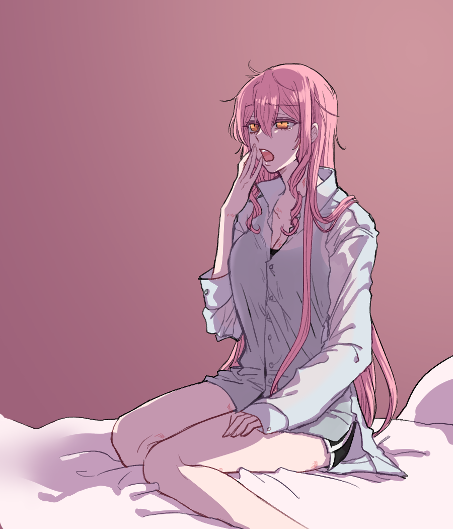 1girl aaaaddddd akuma_no_riddle bare_legs black_shorts bruise_on_leg collared_shirt commentary_request hair_between_eyes hickey inukai_isuke long_hair long_sleeves on_bed open_mouth pink_background pink_hair shirt shorts sitting solo tearing_up white_shirt yawning