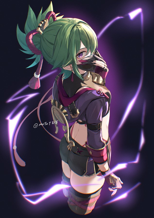 1girl black_gloves black_mask black_nails black_shorts crop_top cropped_legs earrings electricity genshin_impact gloves green_eyes green_hair hair_between_eyes hood hood_down jewelry kuki_shinobu looking_at_viewer mask mm_(motot) mouth_mask nail_polish ninja_mask partially_fingerless_gloves ponytail purple_hair shorts simple_background solo tassel tassel_earrings thighhighs twitter_username