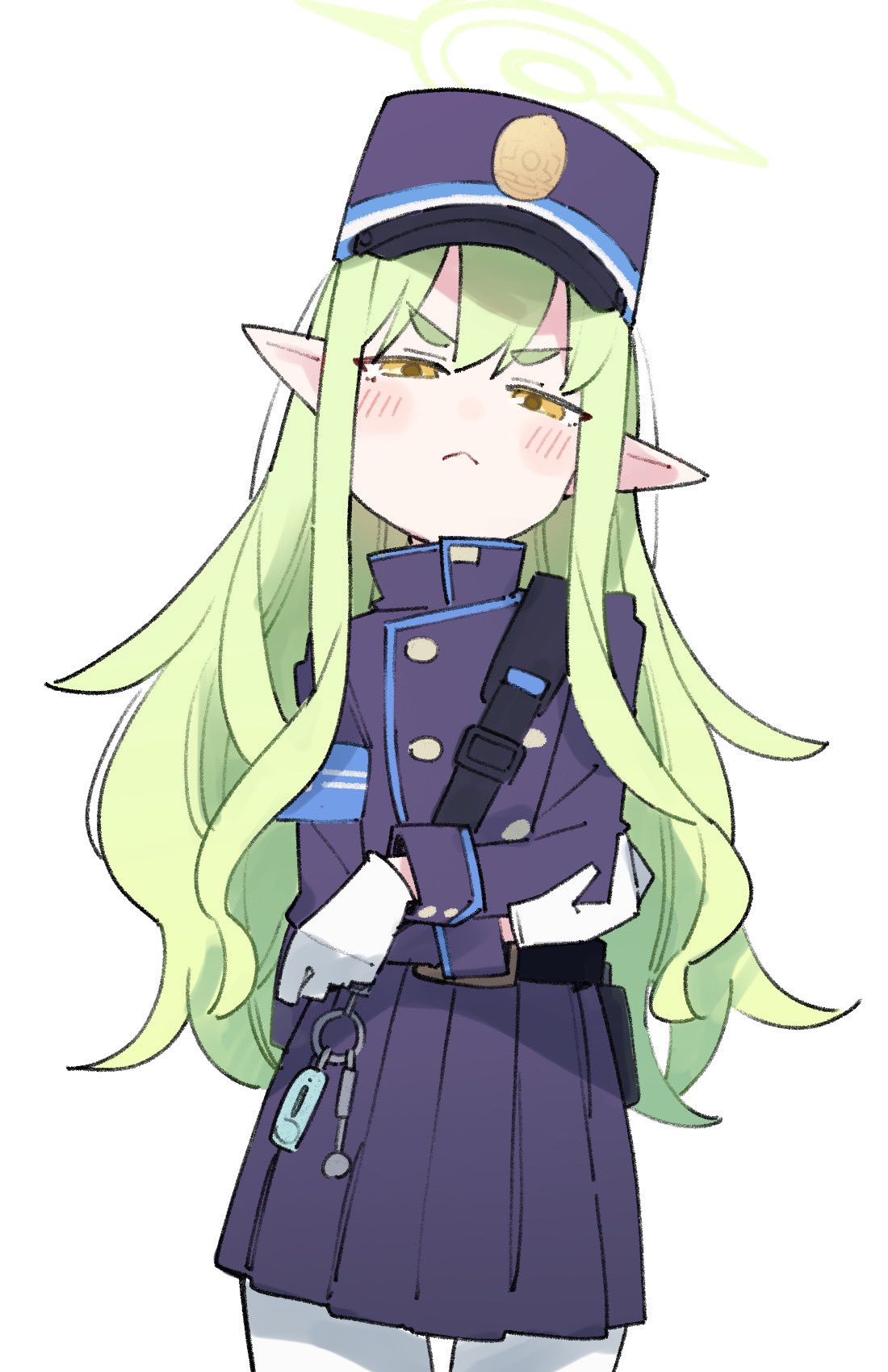 1girl black_hat black_jacket black_skirt blue_archive blush closed_mouth cowboy_shot green_hair green_halo halo hat highlander_sidelocks_conductor_(blue_archive) highres jacket kamo_(kamonabe_44) long_hair long_sleeves looking_at_viewer pantyhose peaked_cap pleated_skirt pointy_ears simple_background skirt solo white_background white_pantyhose yellow_eyes