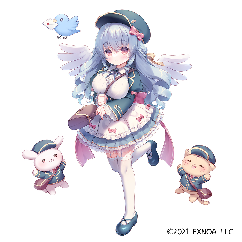 1girl :d angelic_link animal apron bag bird blue_footwear blue_hat blue_jacket blue_ribbon blue_skirt bow braid breasts cabbie_hat cat character_request closed_mouth clothed_animal collared_shirt envelope feathered_wings frilled_apron frills full_body garter_straps grey_hair hair_between_eyes hair_bow hat jacket juliet_sleeves large_breasts long_hair long_sleeves looking_at_viewer mouth_hold neck_ribbon official_art puffy_sleeves rabbit red_bow red_eyes ribbon ringlets see-through shirt shoes shoulder_bag simple_background skirt sleeves_past_wrists smile solo standing standing_on_one_leg thighhighs usashiro_mani very_long_hair waist_apron white_apron white_background white_shirt white_thighhighs white_wings wide_sleeves wings