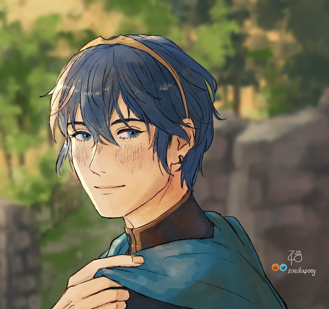 1boy artist_name blue_eyes blue_hair blurry blurry_background closed_mouth commentary crown english_commentary fire_emblem fire_emblem:_mystery_of_the_emblem hair_between_eyes male_focus marth_(fire_emblem) outdoors short_hair smile solo twitter_username upper_body zoedapoey