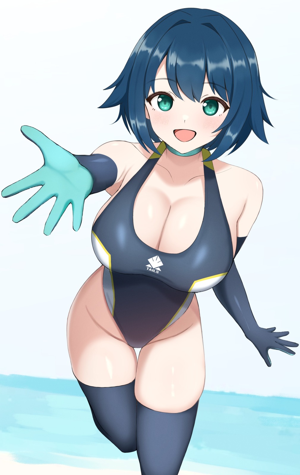 1girl black_gloves black_one-piece_swimsuit black_thighhighs blue_hair borrowed_character breasts cleavage commission competition_swimsuit elbow_gloves fukami_nana gloves green_eyes hair_flaps highres large_breasts leaning_forward looking_at_viewer one-piece_swimsuit original short_hair skeb_commission smile solo surippa1010 swimsuit thighhighs two-tone_swimsuit