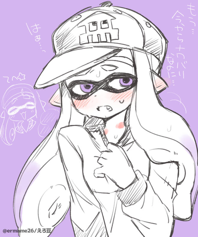 baseball_cap bite_mark blush ear_blush eromame flustered hand_on_own_chest hat inkling inkling_girl inkling_player_character long_hair long_sleeves purple_background purple_eyes splatoon_(series) sweat tentacle_hair