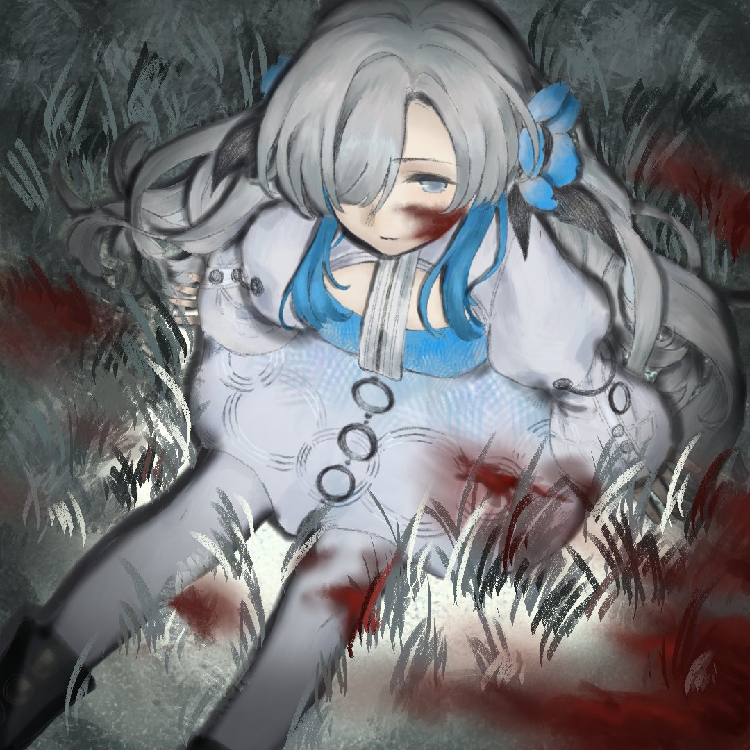 1girl blood blood_on_clothes blood_on_face blood_stain blue_dress blue_flower blue_hair dody31776243 dress expressionless flower grass grey_hair hair_flower hair_ornament hair_over_one_eye isekai_joucho kamitsubaki_studio multicolored_hair pantyhose sitting solo two-tone_dress two-tone_hair virtual_youtuber white_dress white_pantyhose