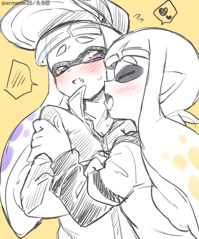 2girls baseball_cap blush eromame fang hat hood hoodie inkling_girl inkling_player_character licking licking_another's_neck long_hair long_sleeves multiple_girls open_mouth pointy_ears purple_eyes saliva splatoon_(series) sweatdrop tentacle_hair tongue tongue_out yellow_background yuri