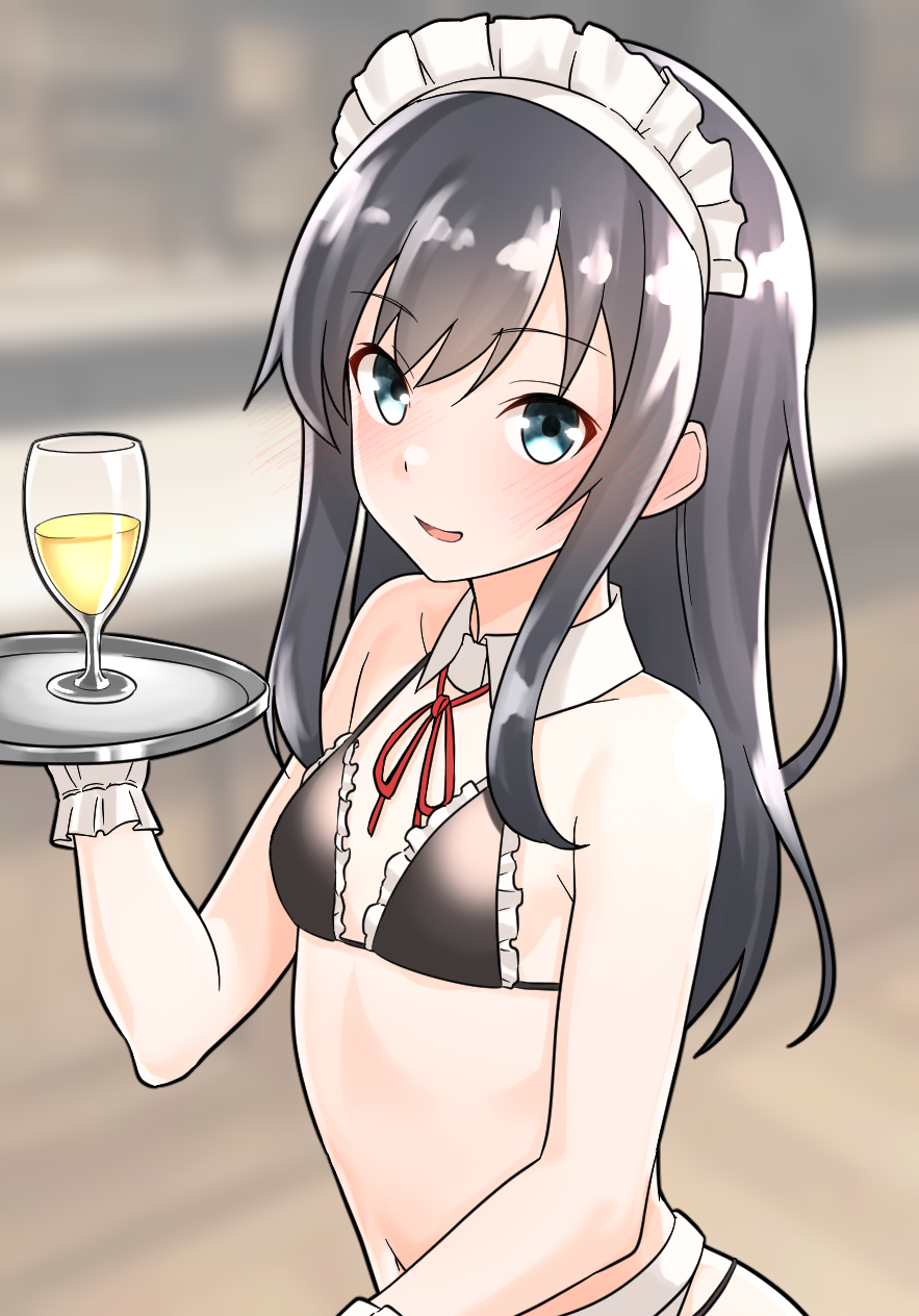1girl alternate_costume apron asashio_(kancolle) bikini black_bikini black_hair blue_eyes blurry blurry_background breasts cup detached_collar drinking_glass enmaided furaggu_(frag_0416) gloves highres holding holding_tray kantai_collection long_hair maid maid_apron maid_bikini maid_headdress navel neck_ribbon red_ribbon ribbon small_breasts solo swimsuit tray unconventional_maid waist_apron white_apron white_gloves