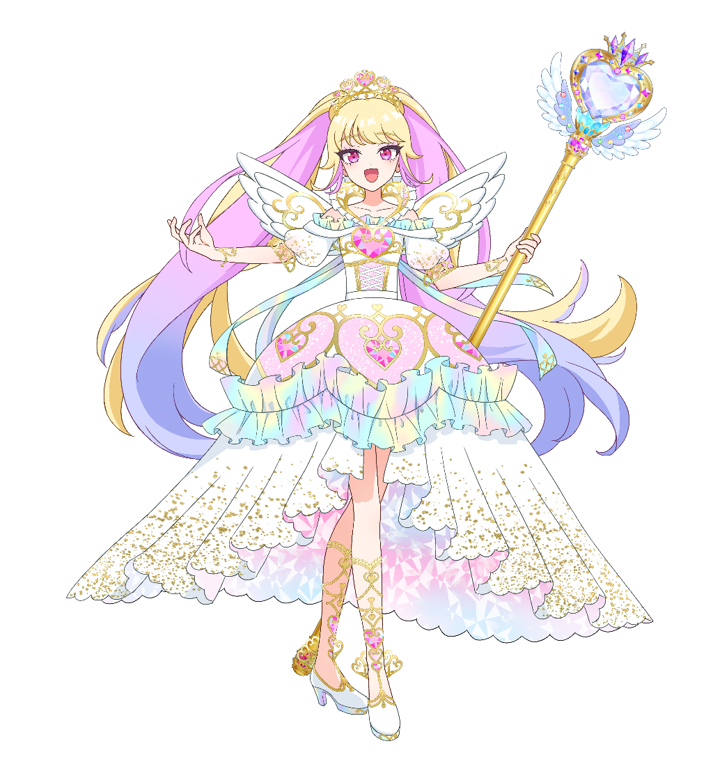 1girl :d blonde_hair blue_hair commentary_request dress full_body gold_trim gradient_hair hands_up high_heels himeme_(waccha_primagi!) holding holding_scepter long_hair looking_at_viewer multicolored_hair official_art open_mouth pink_eyes pink_hair pretty_series princess puffy_short_sleeves puffy_sleeves scepter second-party_source short_sleeves simple_background smile solo standing tachi-e tiara transparent_background tugu-huka twintails very_long_hair waccha_primagi! waccha_primagi!_studio white_dress white_footwear white_wings wings