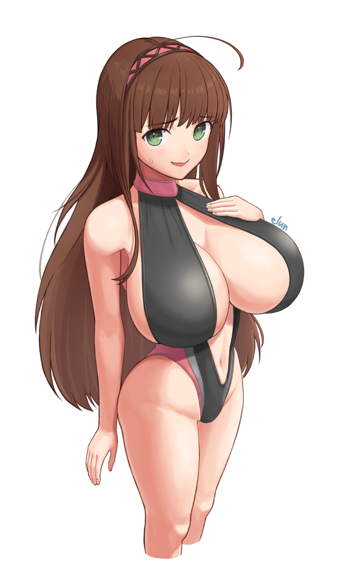 antenna_hair black_one-piece_swimsuit breasts brown_hair cleavage competition_swimsuit elun_(llelunlun) green_eyes hairband large_breasts long_hair looking_at_viewer navel nervous_smile one-piece_swimsuit open_mouth pink_hairband plunging_neckline senran_kagura simple_background smile sweatdrop swimsuit ui_(senran_kagura) white_background