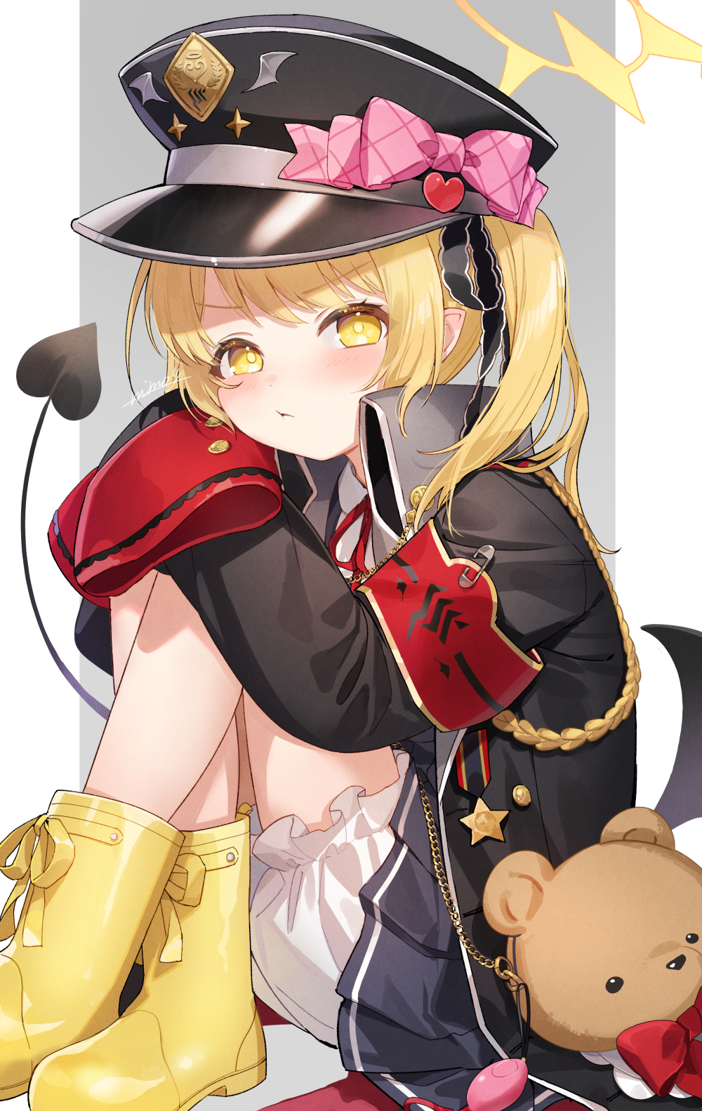 1girl black_coat black_dress black_hat black_tail black_wings blonde_hair bloomers blue_archive blush boots closed_mouth coat collared_shirt commentary_request demon_tail demon_wings dress halo hat highres ibuki_(blue_archive) long_hair looking_at_viewer nima_(niru54) peaked_cap pointy_ears pout rubber_boots shirt sleeves_past_fingers sleeves_past_wrists solo tail white_bloomers white_shirt wings yellow_eyes yellow_footwear yellow_halo