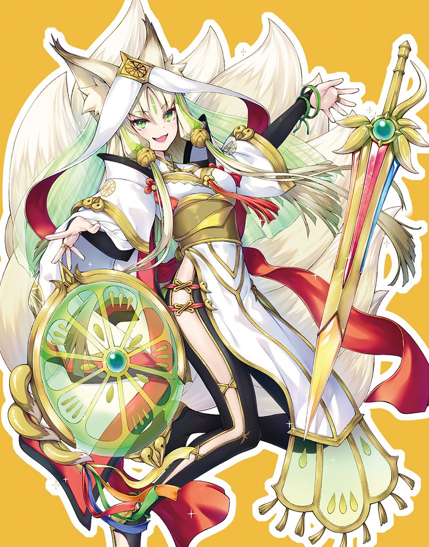 1girl animal_ear_fluff animal_ears arahime_the_manifested_mikanko bell breasts bridal_gauntlets cleavage duel_monster facial_mark forehead_mark fox_ears fox_girl fox_tail full_body green_eyes green_hair hair_bell hair_ornament japanese_clothes large_breasts long_hair long_sleeves multiple_tails nakazawa_aki parted_bangs shield sidelocks smile solo sword tail very_long_hair weapon wide_sleeves yu-gi-oh!