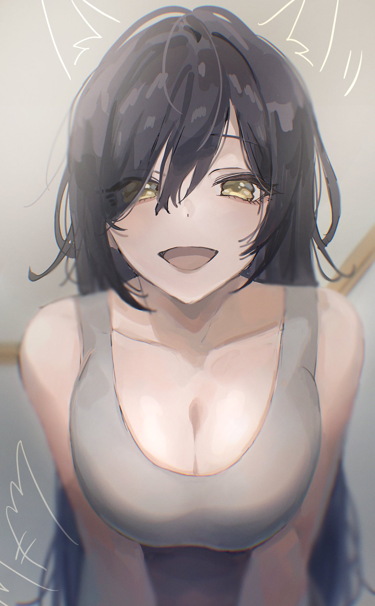 1girl :d alternate_hairstyle bare_arms bare_shoulders black_hair blurry blush breasts breasts_squeezed_together chromatic_aberration cleavage collar collarbone commentary_request depth_of_field doodle_inset dot_nose eyes_visible_through_hair grey_background grey_shirt hair_between_eyes hair_over_one_eye happy highres idolmaster idolmaster_shiny_colors large_breasts long_hair looking_at_viewer open_mouth paddy_field shirase_sakuya shirt simple_background sleeveless sleeveless_shirt smile solo tank_top tareme v_arms yellow_eyes