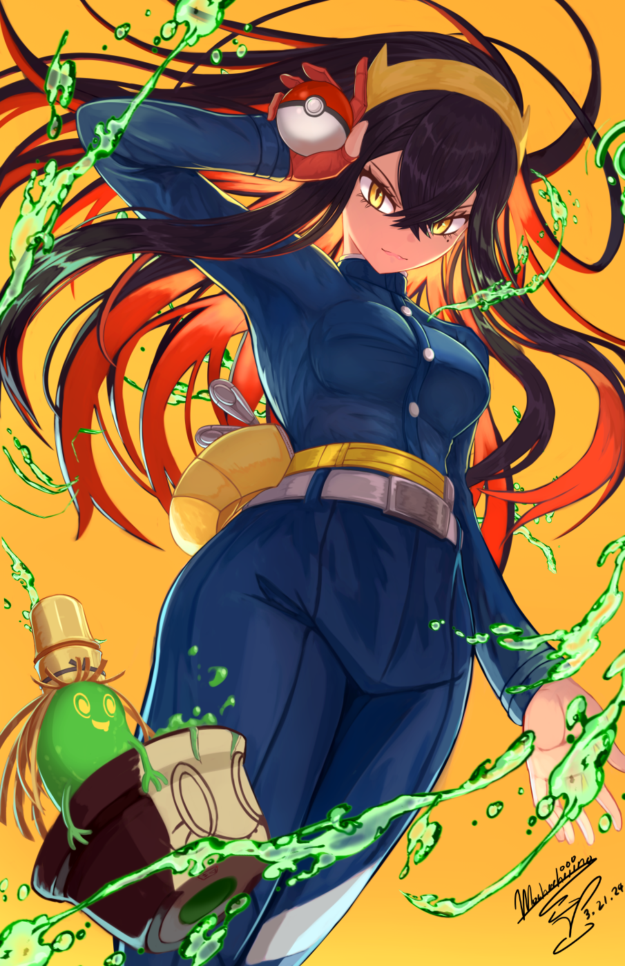 1girl belt belt_buckle black_hair blue_jacket blue_pants breasts buckle carmine_(pokemon) closed_mouth commentary_request fanny_pack floating_hair gloves hair_between_eyes hairband hand_up highres holding holding_poke_ball jacket long_hair looking_down mochachiiino pants partially_fingerless_gloves poke_ball poke_ball_(basic) pokemon pokemon_sv red_gloves single_glove sinistcha smile yellow_background yellow_bag yellow_eyes yellow_hairband zipper_pull_tab