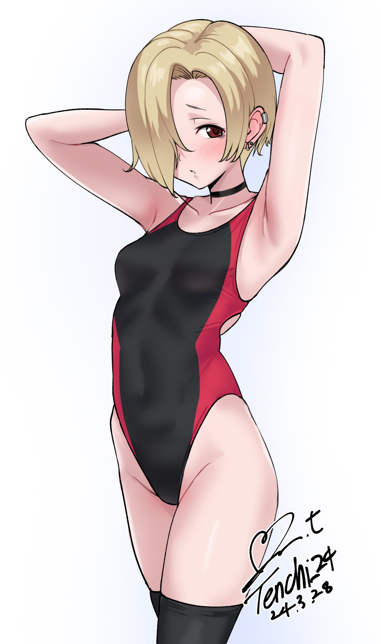 1girl armpits black_choker blonde_hair blush breasts brown_eyes choker collarbone competition_swimsuit ear_piercing earrings groin hair_over_one_eye highres idolmaster idolmaster_cinderella_girls jewelry looking_at_viewer one-piece_swimsuit open_mouth piercing shirasaka_koume short_hair simple_background small_breasts solo swimsuit thighhighs thighs yoo_tenchi