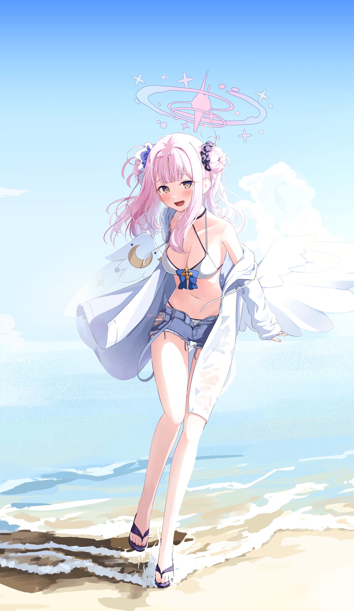 1girl angel_wings beach blue_archive blue_shorts blush breasts cleavage collarbone daran9 day double_bun feathered_wings flower full_body hair_bun hair_flower hair_ornament halo highres large_breasts long_hair looking_at_viewer mika_(blue_archive) navel ocean open_mouth outdoors pink_hair pink_halo purple_flower sandals shorts smile solo standing water white_wings wings yellow_eyes