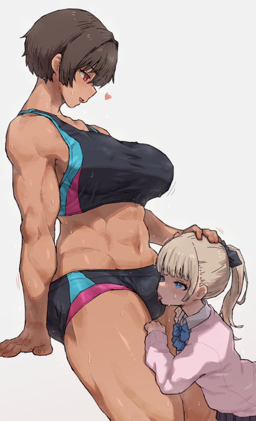 2girls blonde_hair blue_eyes breasts brown_hair competition_school_swimsuit cunnilingus cunnilingus_through_clothes dark-skinned_female dark_skin gym_uniform height_difference highres kei_(m_k) large_breasts licking licking_panties long_hair m_k multiple_girls oral original panties ponytail red_eyes rika_(m_k) saliva school_swimsuit short_hair simple_background size_difference standing standing_cunnilingus sweat swimsuit tall tall_female tan through_clothes tomboy tongue underwear yuri