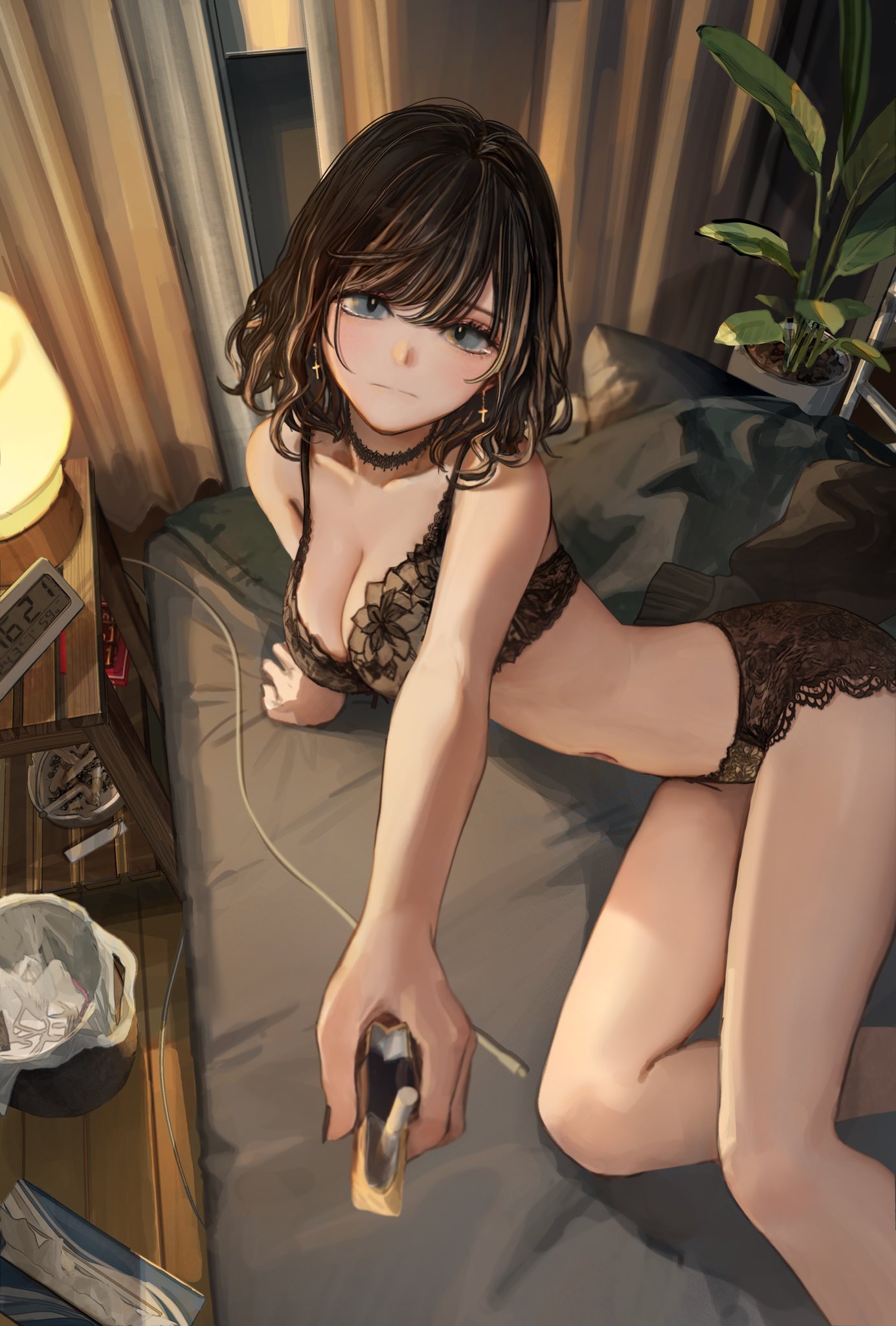 1girl ashtray bad_anatomy bed black_bra black_hair black_panties blonde_hair blue_eyes bra charger choker cigarette cigarette_pack curtains earrings expressionless hand_rest hashimoto_kokai highres indoors jewelry lace lace-trimmed_bra lace-trimmed_choker lace-trimmed_panties lace_bra lace_choker lace_panties lace_trim lamp lying medium_hair multicolored_hair on_bed original panties pillow plant potted_plant short_hair sitting solo streaked_hair table trash_bag trash_can underwear