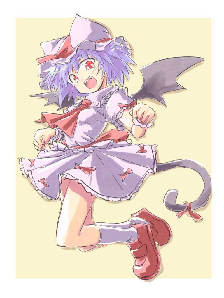 1girl aokukou bat_wings black_wings blue_hair bow bow_skirt breasts cat_girl cat_tail commentary_request fangs frilled_shirt frilled_shirt_collar frilled_skirt frills full_body hat hat_bow kemonomimi_mode medium_hair mob_cap open_mouth pink_hat pink_shirt pink_skirt red_bow red_eyes red_footwear remilia_scarlet shirt sketch skirt small_breasts smile solo tail touhou wings wrist_cuffs