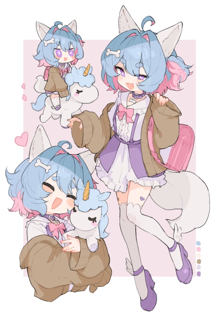 1girl ^_^ ahoge animal_collar animal_ears ankle_wings backpack bag blue_hair bone_hair_ornament border bow bowtie bright_pupils brown_cardigan cardigan cat_ears cat_girl cat_tail closed_eyes collar color_guide commission cropped_torso fang frilled_shirt frilled_skirt frills full_body hair_intakes hair_ornament heart hikimayu holding holding_stuffed_toy kasa_(hitori_sanka) looking_at_viewer multicolored_hair multiple_views one_side_up open_cardigan open_clothes open_mouth original outside_border pendant_collar pink_background pink_bow pink_bowtie pink_hair purple_collar purple_eyes purple_footwear purple_skirt riding shirt shoes simple_background skeb_commission skirt standing standing_on_one_leg stuffed_toy stuffed_unicorn suspender_skirt suspenders tail thighhighs two-tone_hair upper_body white_border white_pupils white_shirt white_skirt white_thighhighs wings