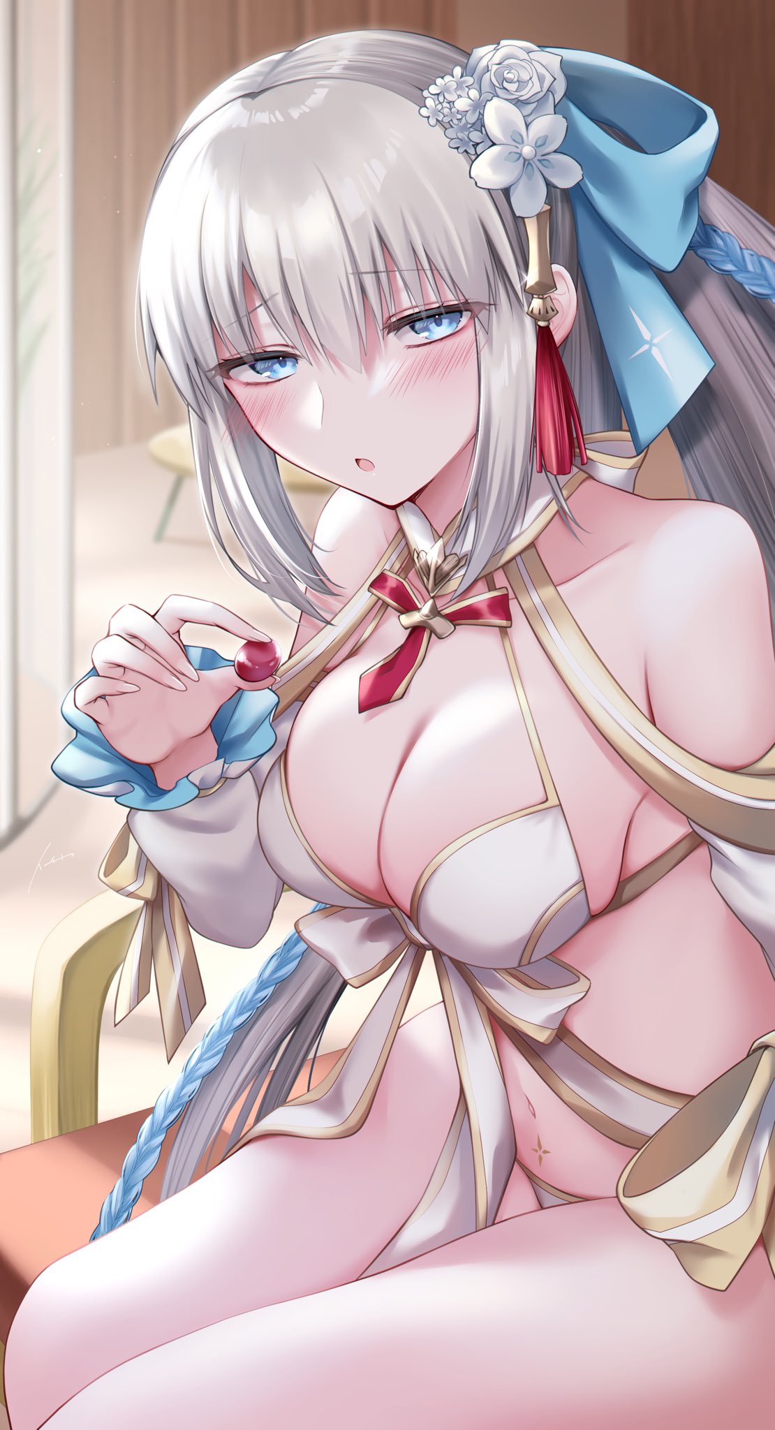 bikini blue_eyes blurry blurry_background blush braid breasts chestnut_mouth depth_of_field detached_sleeves fate/grand_order fate_(series) flower food french_braid fruit gold_trim grapes grey_hair hair_flower hair_ornament highres holding_grape ichi_kq large_breasts long_hair long_sleeves looking_at_viewer morgan_le_fay_(water_princess)_(fate) navel ponytail puffy_long_sleeves puffy_sleeves red_brooch red_tassel stomach_tattoo swimsuit tattoo thighs very_long_hair white_bikini